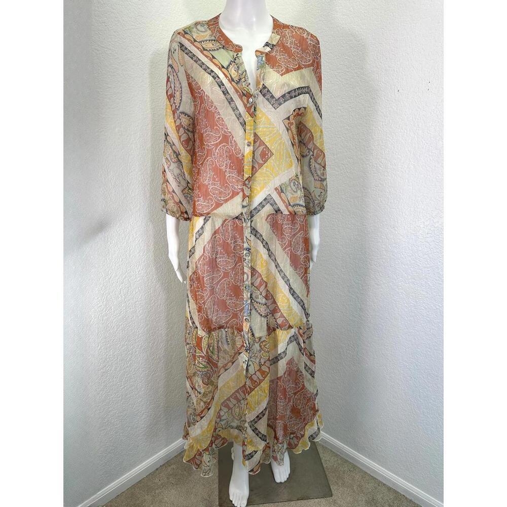 Sz S MNG Paisley Sheer Dress Midi Tiered Coastal Cowgirl Boho Beachy